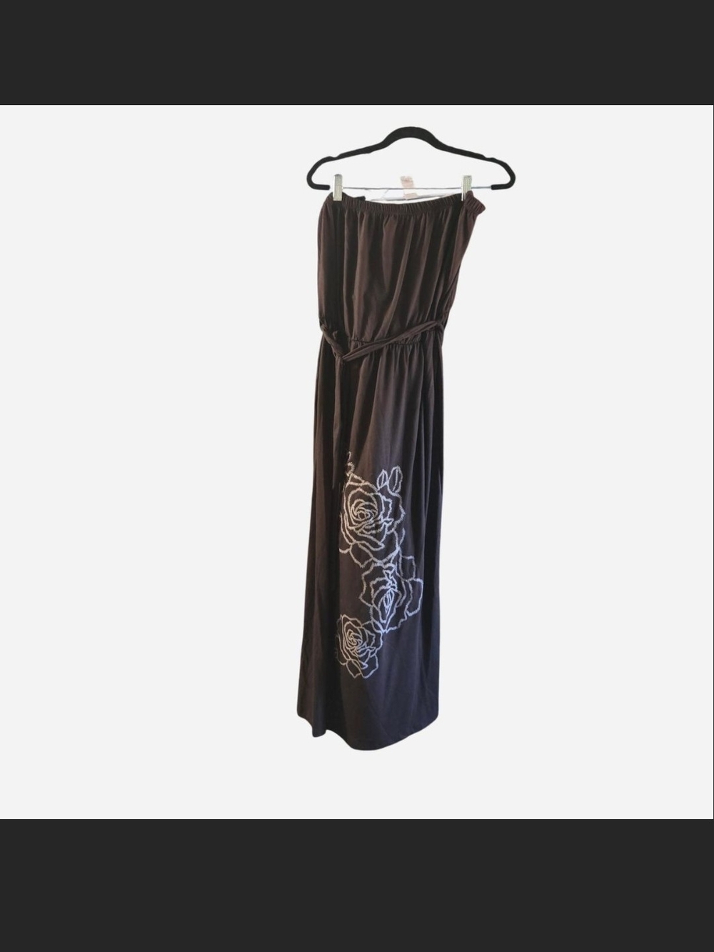 Strapless Brown Maxi Dress with White Rose Detail